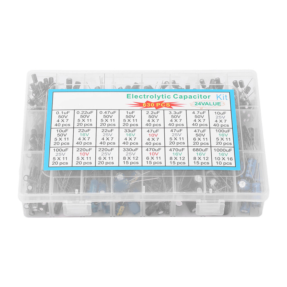 Electrolytic Capacitor Assortment 630Pcs 24 Values From 0.1Uf To 1000Uf For Diy 7891374292251