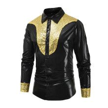 Cardigan Men's Sequins Patchwork TurnDown Collar Long Sleeve Shirt For Party Disco Clubwear Nightclub Costume Black XXL
