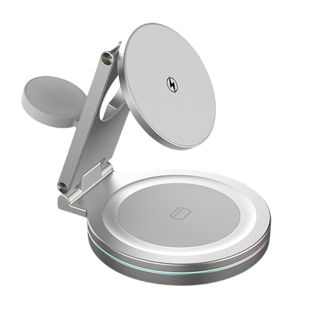 Metal Rotating Charging Stand For Phones And Smartwatches, 3In1, Auto Dimming Lights, Compact Foldable, Silver 9382693020727