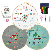 Beginner Embroidery Kit with Printed Fabric, Bamboo Hoop and Threads, Learn 30 Stitches