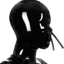 Black Sexy Latex Hood Beautiful Girl mask Double Nose Tube Pink XL