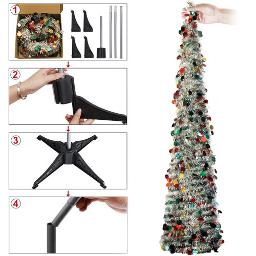 2Pcs Pet Plastic Telescopic Silver Christmas Tree for Party Home Decor 2