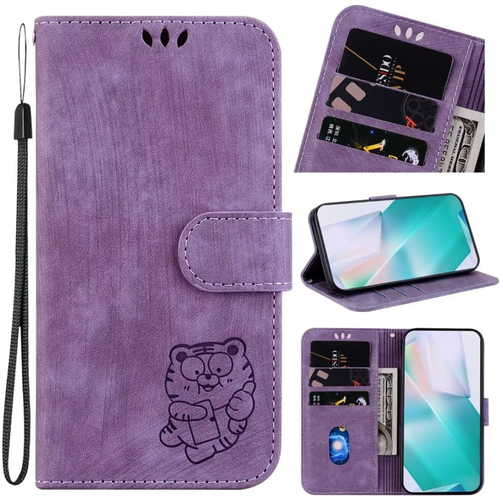 Case Flip Pu Leather Folio Embossed Tiger Card Holder Slots Shockproof Magnetic Stand Tpu Bumper For Iphone 14 Pro Max Purple 9426802695588