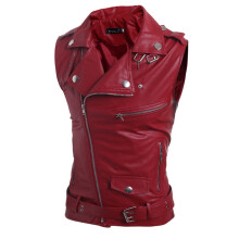 Men's Leather Vest Slim Fit Biker Vest Sleeveless Slant Zip Red XXL For Casual Motorcycle Riding