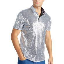 Sequin Polo TShirt Men's Metallic Shiny Polo Shirt Size L Silver For Disco Night Club 70s Outfit