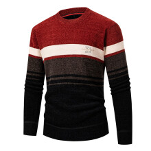 Knitted Jumper Men's Fleece Crew Neck Sweatshirt Striped Fine Knit Warm Loungewear Long Sleeve Stretch Fit Red 3XL