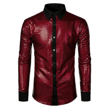 Sequin Shirt Men's 70s 80s Retro Outfit, Long Sleeve Metal Glitter Disco Party Costume, Red, Size L