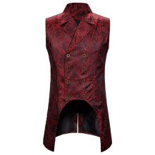 Jacquard Steampunk Tailcoat Vest Men's Double Breasted Red M, Long Slim Fit Gothic Suit Vest For Halloween Costume