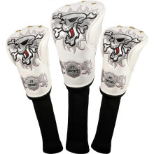 (As show, One size) Sunrain Leather Skull Head Embroidery Style Golf Club Headcover Set Protector