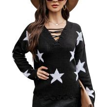 Striktrøje til kvinder, Off-Shoulder sweater med lange ærmer og løse toppe med V-hals og krydsrebdesign, stjernemønster pullover til afslappet