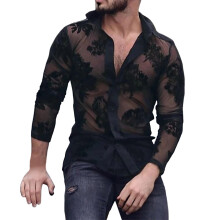 Swinger Club Mesh Shirt Men's Lace Long Sleeve Transparent Mesh Shirt With Buttons Black Size M Model Q2
