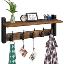 WallMounted Coat Rack With Shelf And 5 Metal Hooks, Rustic Brown Black Wood Finish, 17.1Inch Long, For Entryway Bathroom Mudroom Bedroom