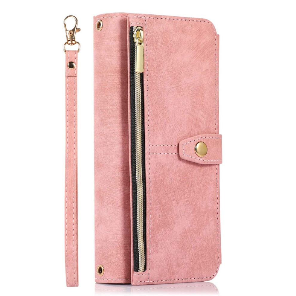 Wallet Case For Samsung Galaxy S25 Ultra Leather Zipper Flip Cover Card Slots Wrist Strap Holster Rose Gold 9347817331424