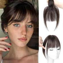 Clip in Fringe Bangs 100% Real Human Hair Extensions With Temples, 360 ClipOn For Thinning Hair, Dark Brown