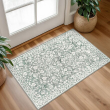 Vintage Washable Rug 2x3, Sage Green Grey Small Area Rugs for Entryway, Floral Super Soft Kitchen Rugs