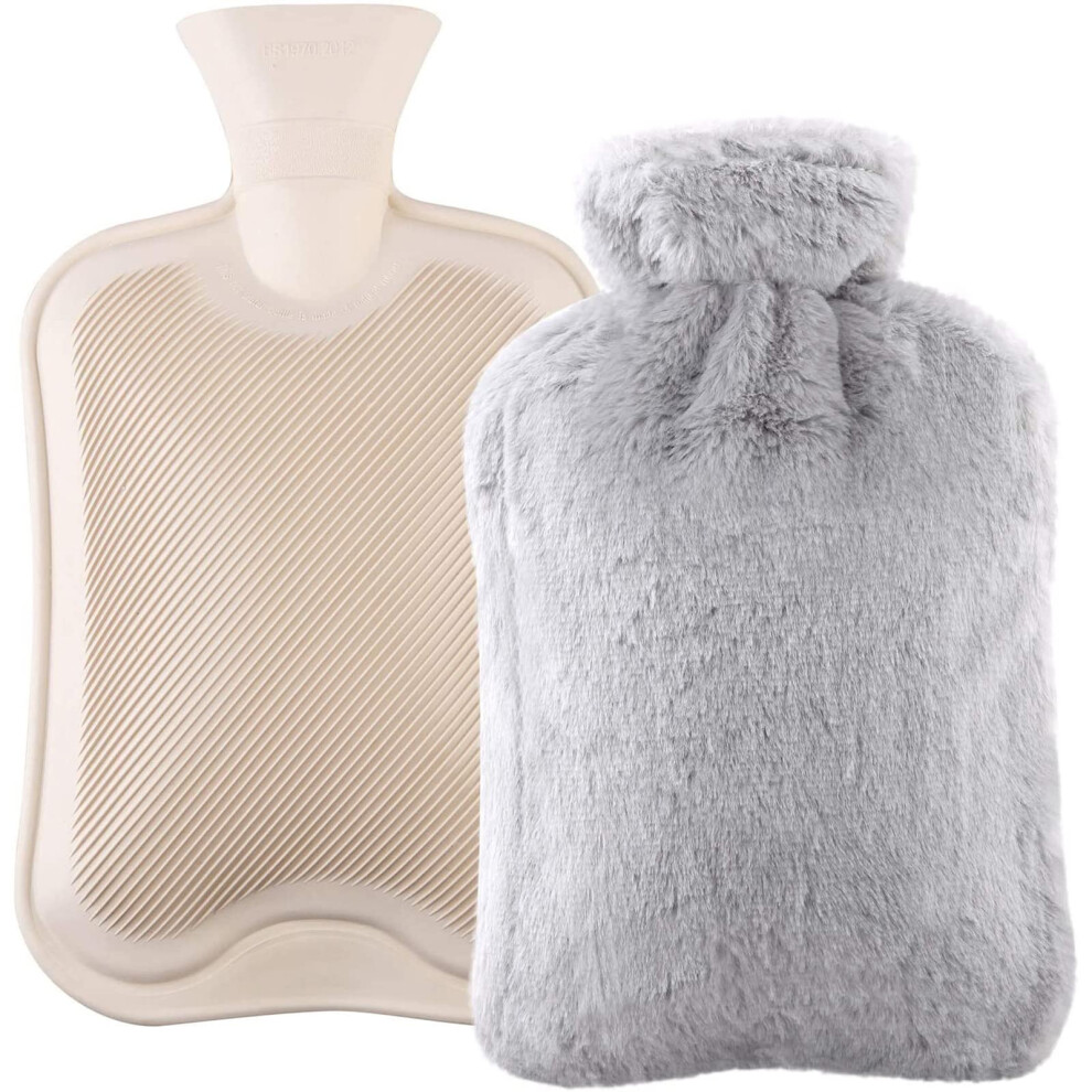 White Pvc Hot Water Bottle With Plush Cover, 2000Ml, Pain Relief For Neck And Shoulders