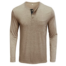 Henley Shirt Men's Fitness Long Sleeve Cotton VNeck Casual Sweatshirt Outdoor Workout Khaki M