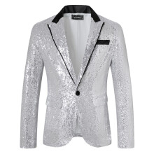 Men's Sequin Jacket Silver XXL Size Glitter Blazer Year's Eve Party 70s 80s Costume