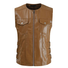 Men's Vintage Leather Jacket Cowboy Motorcycle Style ButtonDown Retro VNeck Sleeveless Brown XL