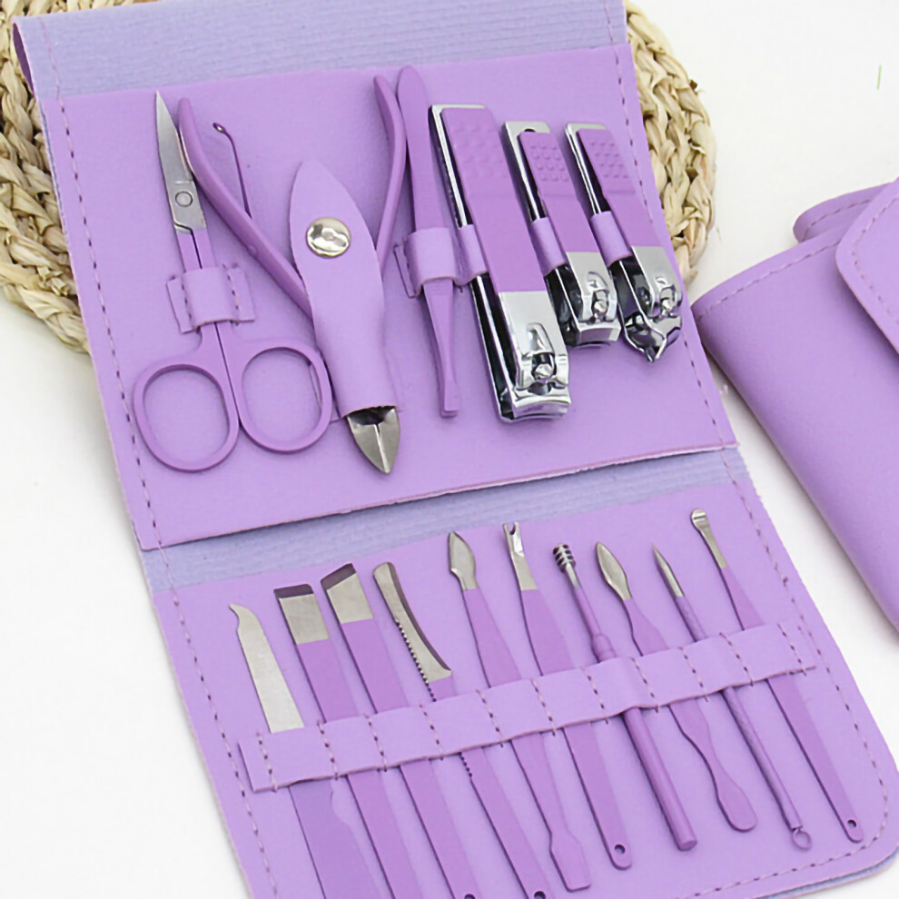 Purple 16Pcs Steel Nail Clippers Set Manicure Pedicure Grooming Kit