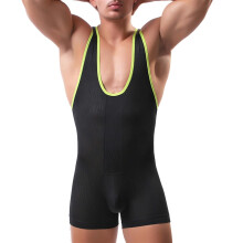 Men's Sport Bodysuit U Convex Pouch Tank Slim Jumpsuit Wrestling Singlet Bodybuilding Swimsuit Gym Wear Size L Black