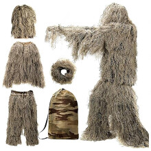 5 in 1 Ghillie Suit for Men 3D Camouflage Hunting Apparel Gilly Suit Including Jacket, Pants, Hood, Carry Bag Bushman Costume for Outdoor Hunting