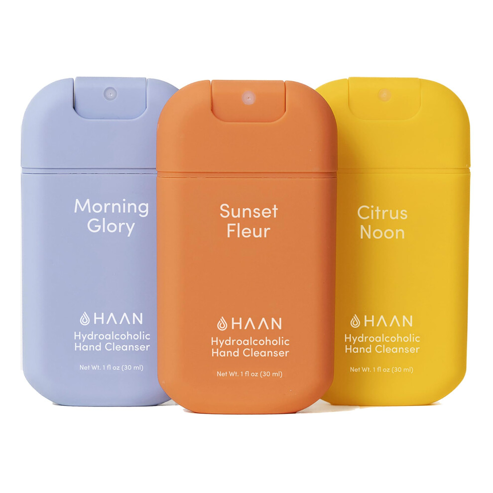 Haan Hydrating Hand Cleansing Sprays With Aloe Vera - Hydrating Cleansers - Travel Size - Sunset Fleur Morning Glory Citrus Noon - 3 Pc