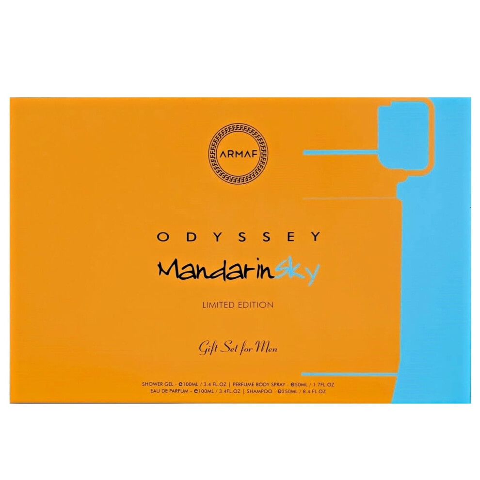 Armaf Odyssey Mandarin Sky - Citrus Amber Vanilla - 4-Piece Gift Set For Men (3.4 Oz Eau De Parfum + 3.4 Oz Shower Gel + 1.7 Oz Body Spray + 8.4 Oz