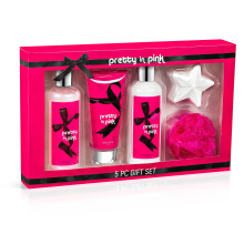 Freida & Joe Duft-Bad- & Körperkollektion Geschenkbox, Duschgel, Körperlotion, Peeling, Badebombe & Schwamm (Pretty in Pink)
