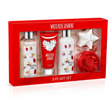 Freida & Joe Duft Bad- & Körperkollektion Geschenkkarton, inkl. Duschgel, Körperlotion, Peeling, Badebombe & Schwamm (Weiße Rose Jasmin)