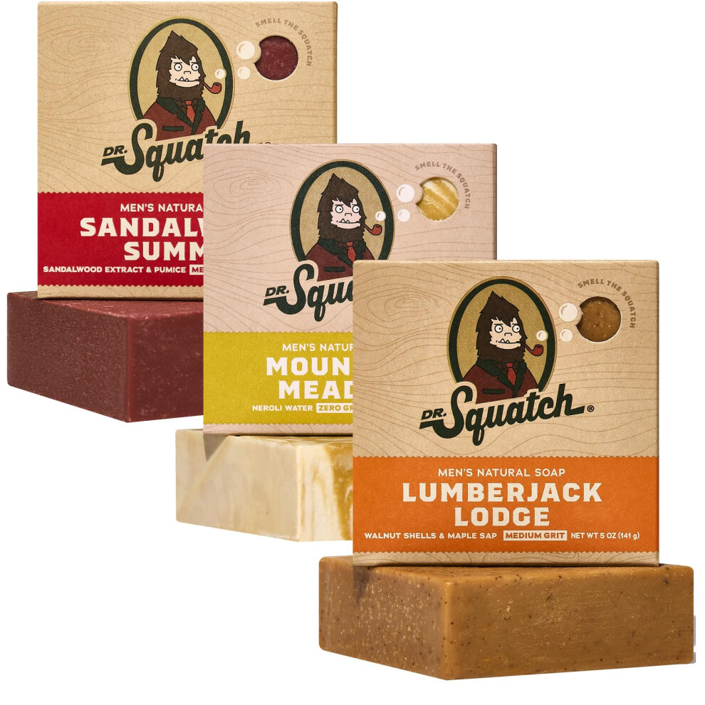 Dr. Squatch Natural Bar Soap For Men - Cold Process Soap With No Harsh Chemicals - Sandalwood Summit Mountain Meadow & Lumberjack Lodge (5 Oz 3-Pac