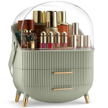 Covered Makeup Cosmetic Countertop - Large Cosmetic Organizer - Trendy Oval Shape Storage for Skin Care Organizer - Clear Lid, Storage Drawers, Carry