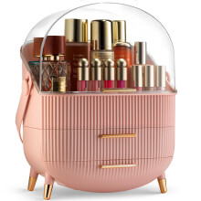 Covered Makeup Cosmetic Countertop - Large Cosmetic Organizer - Trendy Oval Shape Storage for Skin Care Organizer - Clear Lid, Storage Drawers, Carry