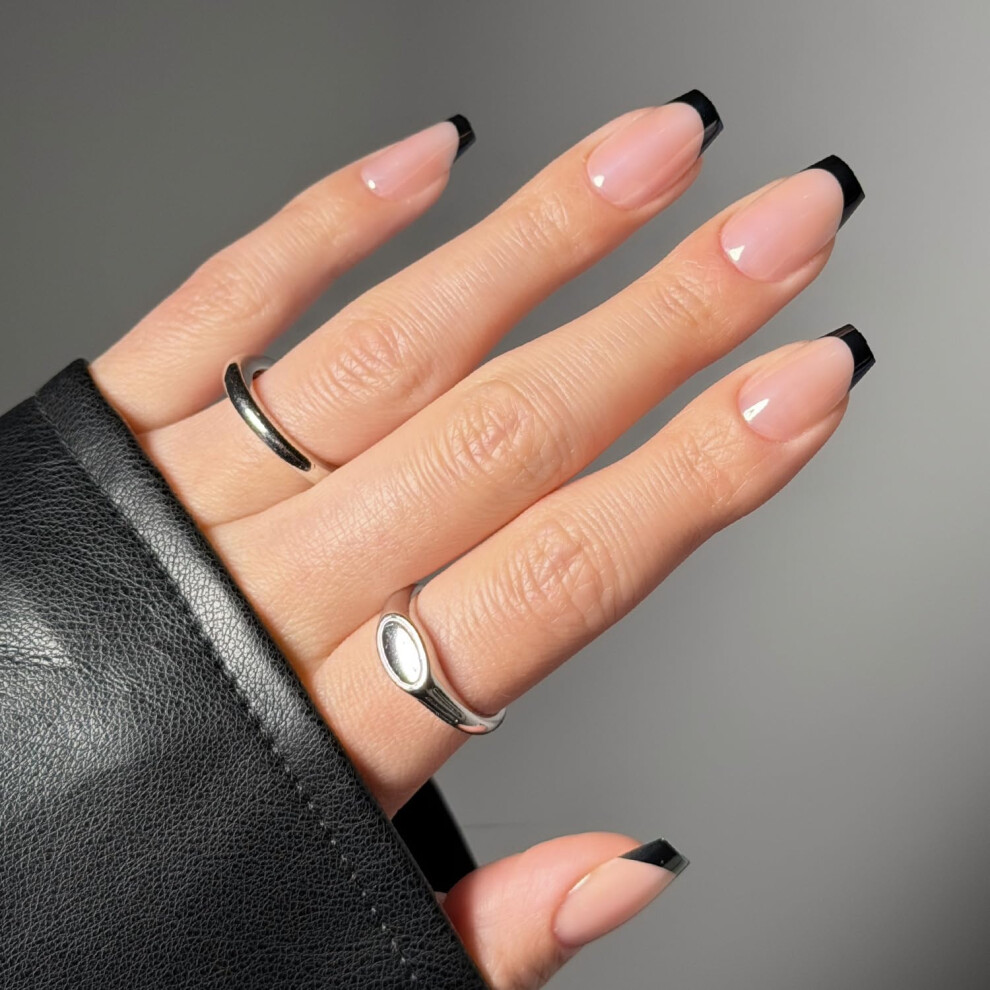 Glamnetic Black Press On Nails - Balsamic Glaze | Medium Coffin French Tip Fake Nails Salon Quality French Manicure | 15 Sizes - 30 Nail Kit With Gl