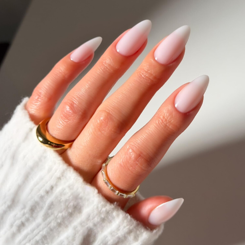 Glamnetic White Press On Nails - Clouded | Medium Almond Fake Nails Salon Quality Milky Nails | 15 Sizes - 30 Nail Kit With Glue