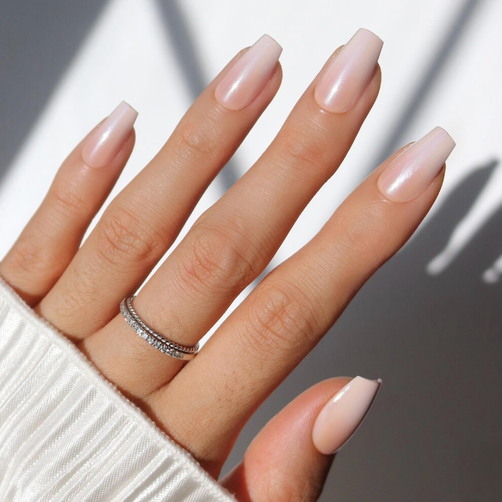 Glamnetic Cream Press On Nails - Delicate Touch | Glazed Medium Coffin Nude Fake Nails With Ombr? Salon Quality Neutral Nails | 15 Sizes - 30 Nail Kit Wit