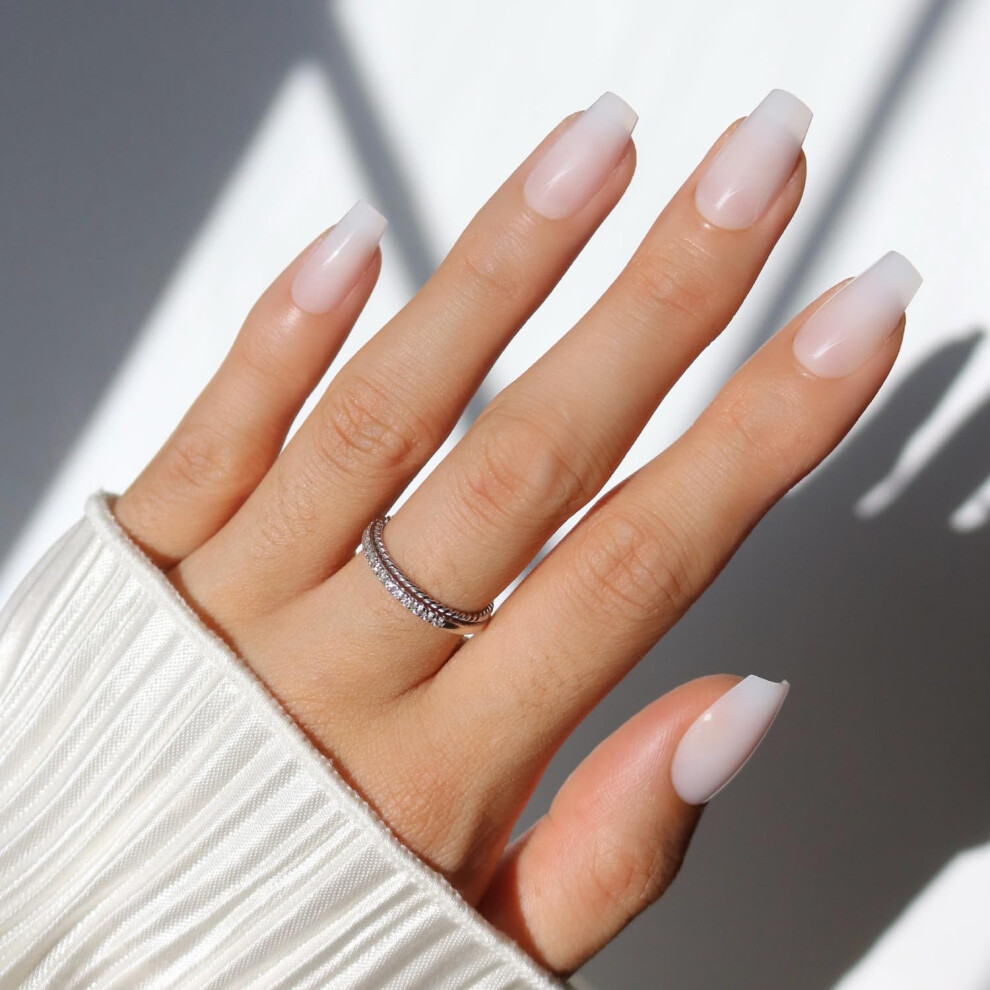 Glamnetic White Press On Nails - Oat Milk | Medium Coffin Fake Nails Salon Quality Milky Nails | 15 Sizes - 30 Nail Kit With Glue