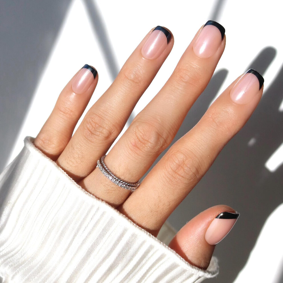Glamnetic Black Press On Nails - Squid Ink | Short Squoval French Tip Fake Nails Salon Quality French Manicure | 15 Sizes - 30 Nail Kit With Glue