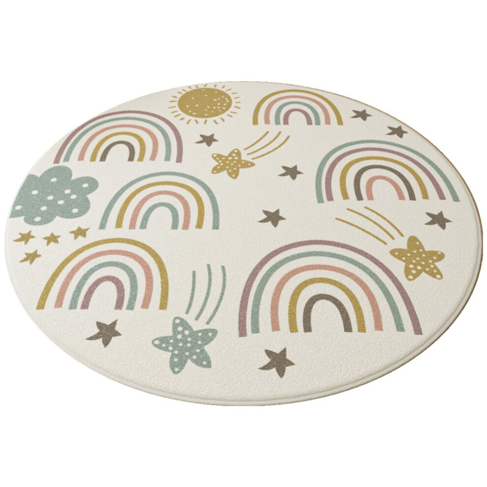 Round Kids Play Rug Nursery Fluffy Crawling Mat Soft Faux Wool Educational Classroom Rug Star Rainbow Lion 60Cm Cream