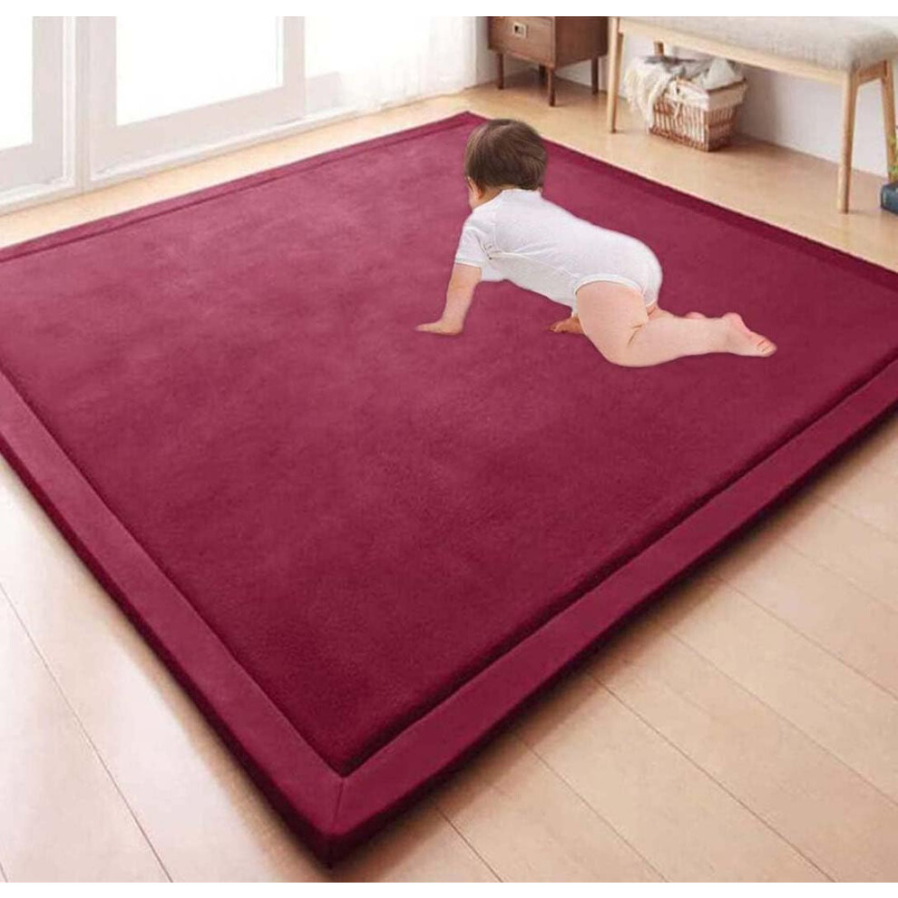 Large Area Rug Coral Velvet Soft Play Mat 180x200x2 Cm Children Crawling Mat Nursery Carpet NonSlip Yoga Mat Wine Red