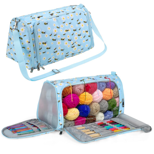 Knitting and Crochet Bags for Wool and Needles Storage, Blue Bee Pattern