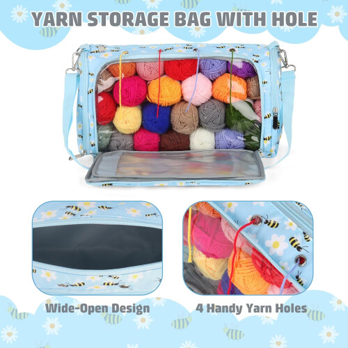 Knitting and Crochet Bags for Wool and Needles Storage, Blue Bee Pattern 1