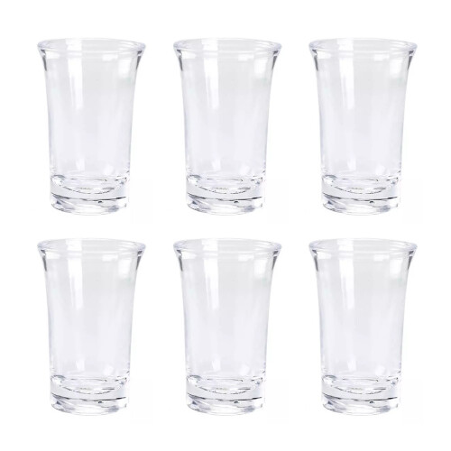 Conjunto de 6 copos de dose de acrílico transparente e colorido para uísque, tequila e vodca, com base pesada e resistente. Design equilibrado que