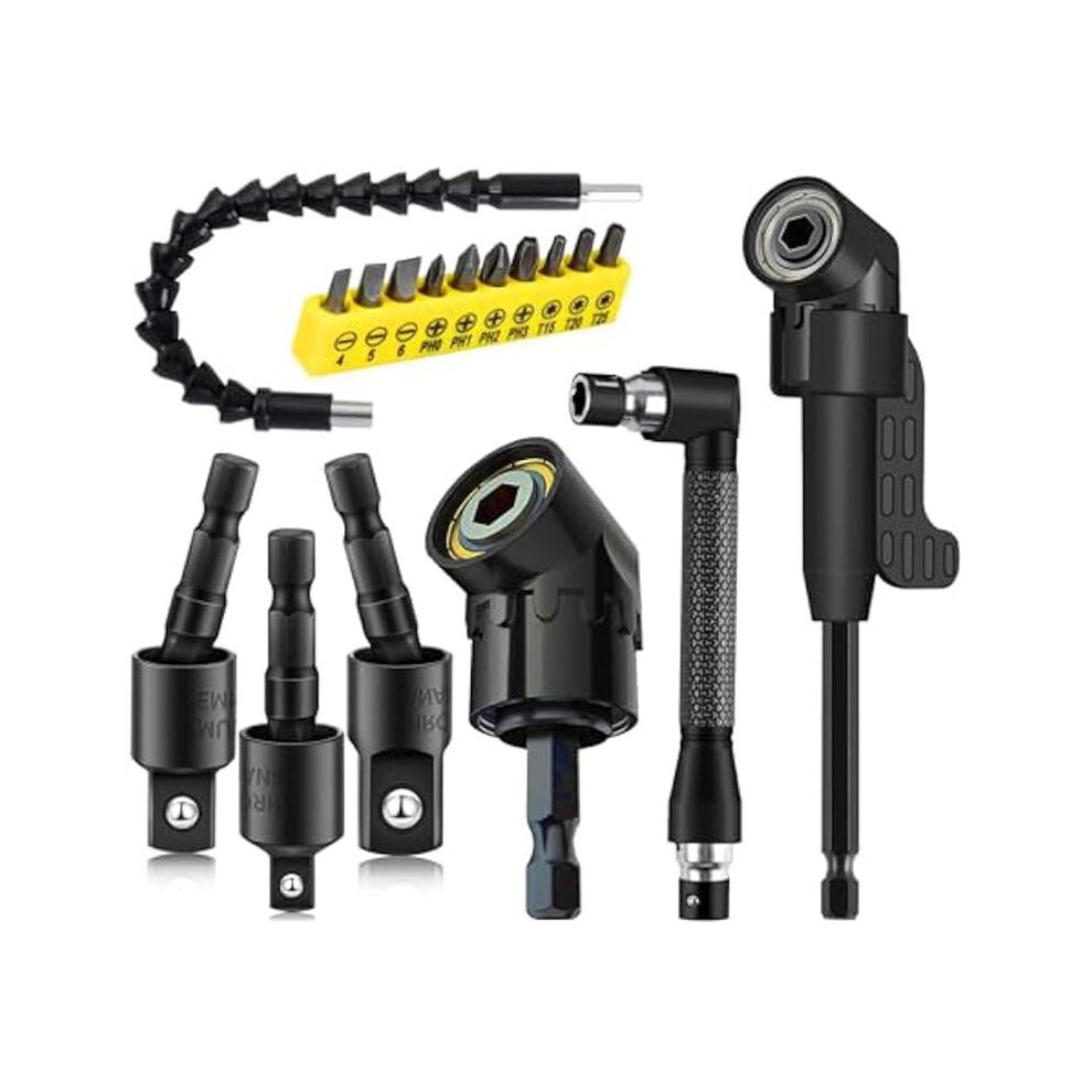 17Pcs Flexible Drill Bit Extension,3Pcs Rotatable Socket Adapter,3Pcs Right Angle Drill Attachment,10 Screwdriver Bits 6031404828222
