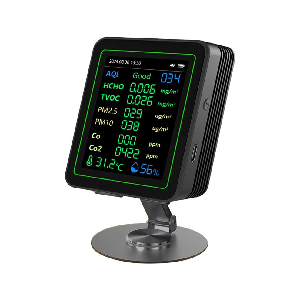 Black 12 In 1 Air Quality Tester Temperature/Humidity //Co/Co2/Curve/Tvoc/Aqi/Pm2.5/Pm10/Formaldehyde With Bracket