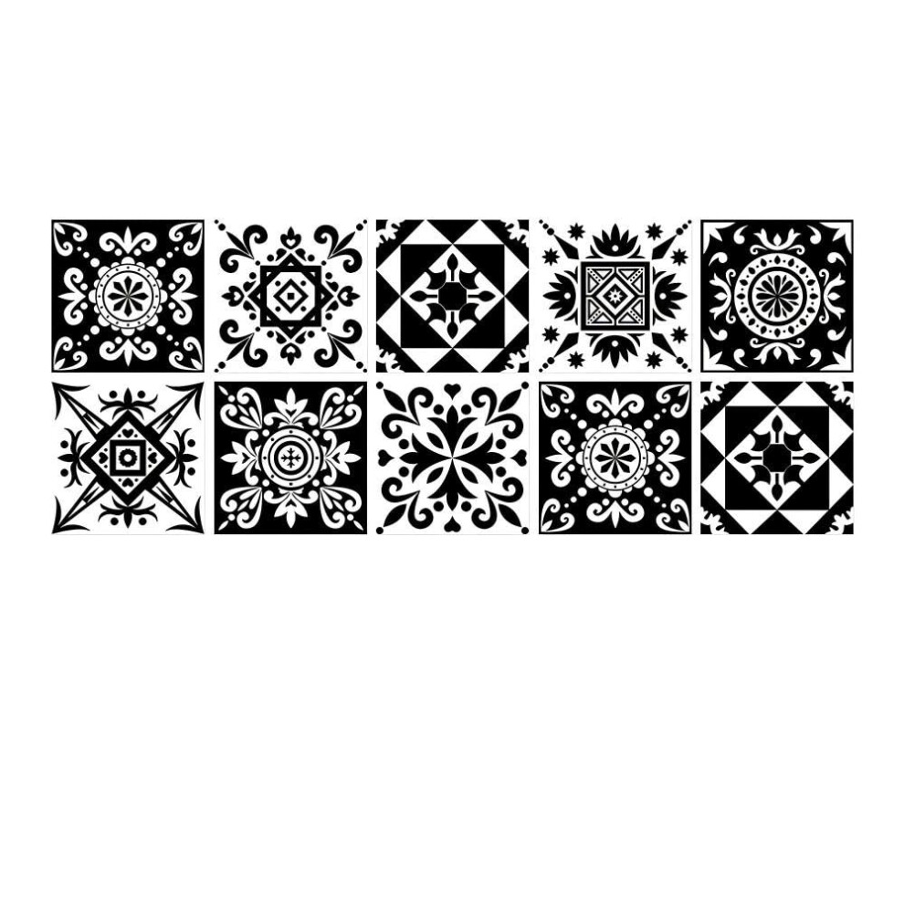 Moroccan Style Peel And Stick Wall Tiles Waterproof Vinyl Black And White 20Pcs 10X10cm 9382693062437