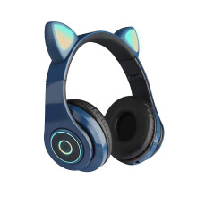 Cute Cat Ear Headset BT5.0 Wireless Foldable Gaming Headset RGB Lights TF Card Playback Wired Blue