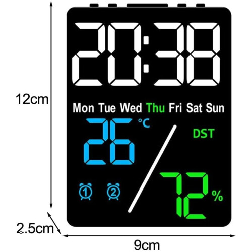 Multifunction Electronic Clock With Temperature And Humidity Display Adjustable Brightness Screen Battery Powered Black 1