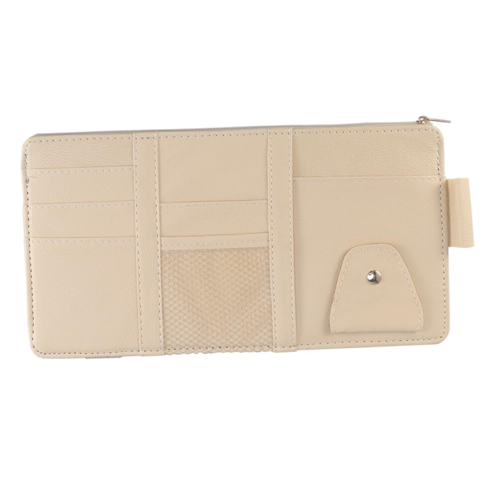 Car Sun Visor Organizer Leather Multi Pocket With Zipper Universal Storage Holder Beige 9347817257281