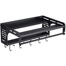 Microwave Oven Rack 2 Tier Space Aluminum Kitchen Storage Shelf with Hooks and Towel Bar Black